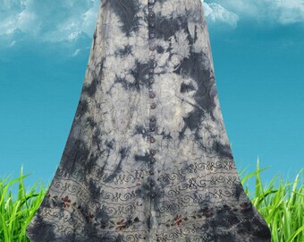 Gothic Tie Dyed Long Skirt, Front Button Down Black Beige Embroidered Maxi Skirts , Elastic Waist Skirt, Handmade Ren Faire Skirts M/L