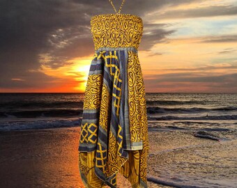 Women Hi Low Dresses, Sundress, Sunset Hues Boho Skirt Dress, Uneven Hem, Upcycled Silk Sari Boho Beach Dress S/M