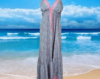 Bohemian Floral Print Dress, Cocktail Party Dresses, Recycle Sari Summer Dress for Women, Blue Pink Print Maxi Beach Dress, Halter dress S/M