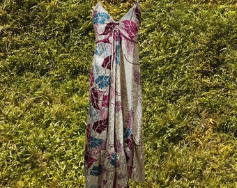 Womens Summer Maxi Dress, Halter Dresses, Beige Pink Purple Summer Boho Beach Maxi Dress, Strap Dress, Recycle Sari Handmade Dresses S/M