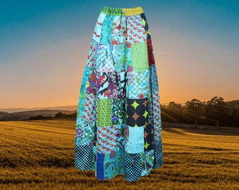 Womens Handmade Boho Patchwork Ethnic Vintage Long Skirt, Recycle Cotton Blue Long Skirts S/M/L