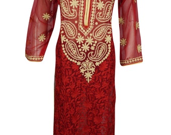 Bright Red Beautiful Floral Hand Embroidered Long Sleeves Sheer Sexy Bohemian Bride Georgette Ethnic Wear Indian Style Long Tunic Dress S