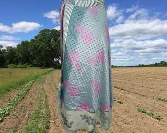 Womens Magic Wrap Skirt, Long Floral Double Layers Blue Pink Wrap Skirts, Recycled Sari Wrap Skirt, Travel Fashion, Gift, Handmade One size