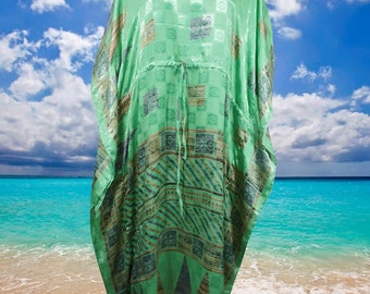 Women Boho Beach Kaftan, Fern Green Paisley Caftan, Silk Kaftan, Housedress, Beach Coverup, Summer Boho Caftan, Resort, Cruise Caftan L-2X