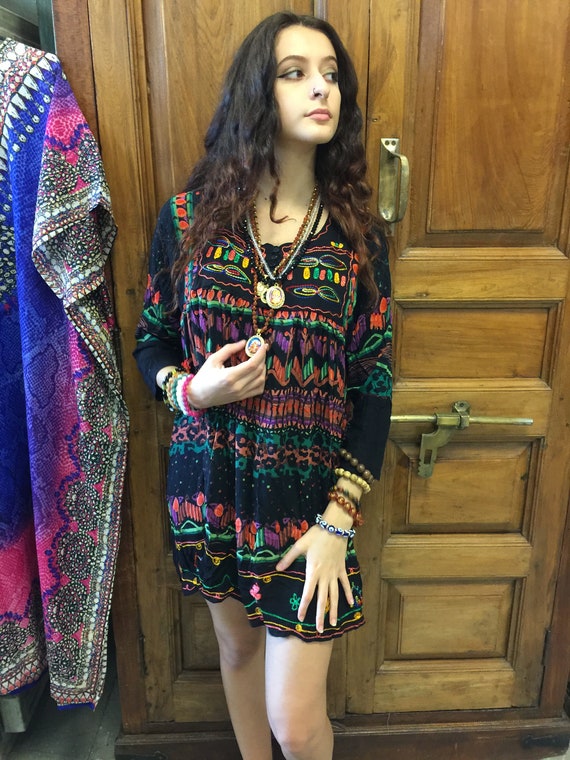 Hippie Babydoll Boho Dress, Vintage 70s Funky Hippy Fashion Coverup Black  Colorful Loose Dresses One Size SML 