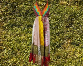 Womens Strapdress, Maxi Sundress, Colorful Recycled Silk Dress, Carribean Summers Fall MaxiDress ML