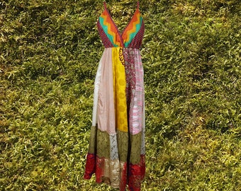 Womens Strapdress, Maxi Sundress, Colorful Recycled Silk Dress, Carribean Summers Fall MaxiDress S/M