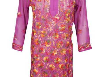 BOHO Pink Kaftan, Long Tunic, Colorful Floral Embroidered Sheer Georgette Summer Beach Bikini Cover Up Dress M