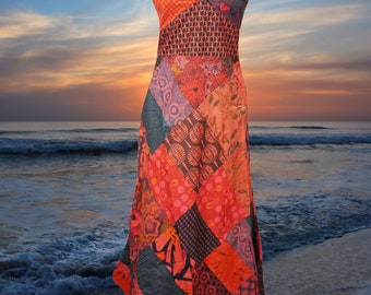 Womens Boho Maxi Dress, Red Cotton Patchwork Printed Dresses, hand made Casual Strap Sundress SM