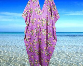 Womens Printed Tunic Kaftan Dress, Peach Pink Rose Printed Handmade Caftan Dresses, Beach Coverup, Lightweight Cotton Dresses L-3XL One size
