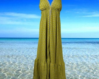 Summer Bohemian Sleeveless Floral Print Maxi Dress, Recycle Sari Summer Dress for Women, Green Beach Dresses, Halter dress S/M