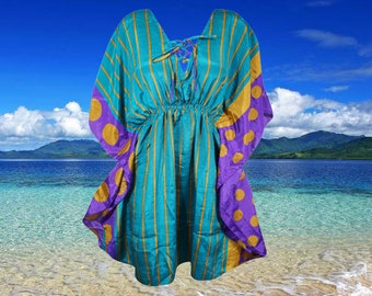 Womens Summer Caftan Recycle Sari Dresses Blue,Yellow Printed Kaftan M-XL One Size