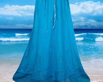 Blue Renaissance Long Embroidered Skirt,  Western, Floral Painted Hippie Maxi Skirt, Elastic Waist Skirt, Ren Faire Clothing M/L