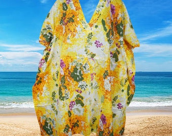 Women's Kimono Caftan Short Dress, Cotton Floral Yellow Print Beach Kaftan Dresses Resort Wear, Handmade, Fall Boho Travel Kimono S/M