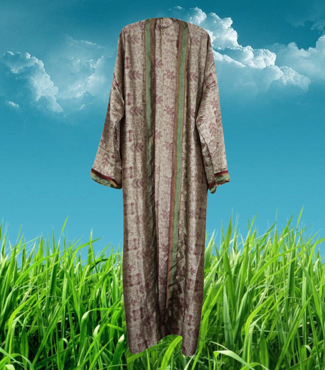 Purple Paisley Silk Kimono Resort Wear, Flowy Jacket, Duster Jacket