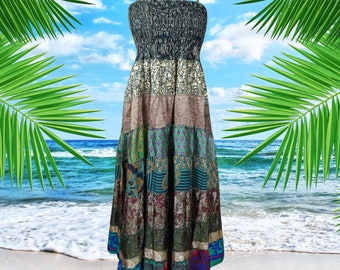 Womens Maxi Dress, Strap Dresses, Gray Colorful Flared Sleeveless Dress, Summer Gorgeous Soft Recycle Sari Boho Beach Long Dresses SM