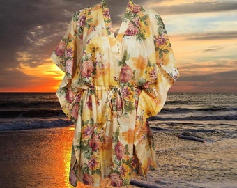 Womens Printed Tunic Kaftan Dress, Peach Pink Rose Printed Handmade Caftan Dresses, Beach Coverup, Lightweight Cotton Dresses L-3XL One size