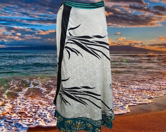 Womens Maxi Magic Wrap Skirt, Floral Double Layers Blue White Wrap Skirts, Recycled Sari Wrap Skirt, Travel Summer Skirts One size