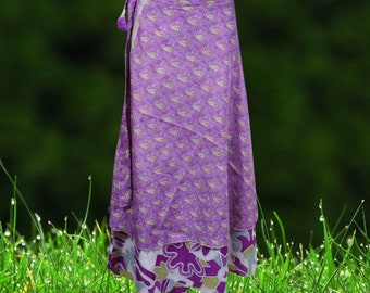 Womens Recycled Sari Wrap Skirt, Magic Wrap Skirt, Purple, Paisley Print Layers Wrap Skirts, Travel Fashion, Gift, valentine gift One size