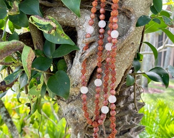 Sunstone, Rosestone Chakra Prayer Mala, Meditation Chanting Rudraksha Malas, Abundance Necklace, Handmade Yoga Gift