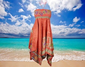 Women Summer Dresses, Sundress, Peach Handmade Boho Dress, Printed Uneven Hem Upcycled Silk Sari Boho Beach Halter Dress S/M