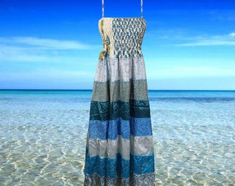 Bohemian Maxi Dress, Spaghetti Strap Blue Printed Handmade Dress, Empire Waist Beach Style Sundress S/M