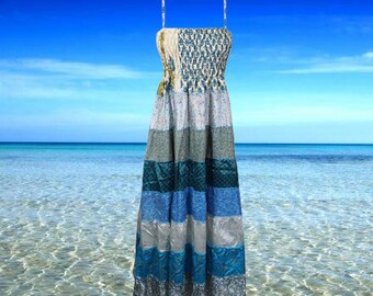 Bohemian Maxi Dress, Spaghetti Strap Blue Printed Handmade Dress, Empire Waist Beach Style Sundress S/M