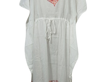 Womens Kaftan Maxidress, pURE cOTTON gAUZE, Bohemian White Red Embroidery Housedress Caftan S/M/L