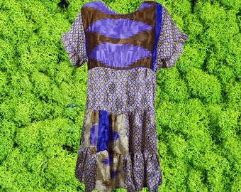 Blue Floral Dress, Recycle Silk, Beach Shift Dresses, Summer Dress for women Shift Dress, Handmade  Beach Boho Day dress, M