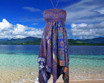 Women's Floral Summer Halter Dress, Blue Bohemian Recycled Handmade Travel 2 Layer Beach Sundress S/M