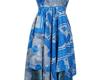 Women's Beach Sundress, Luxe Halter Dress, Blue Gray Bohemian Recycled Silk Summer Travel Dresses S/M