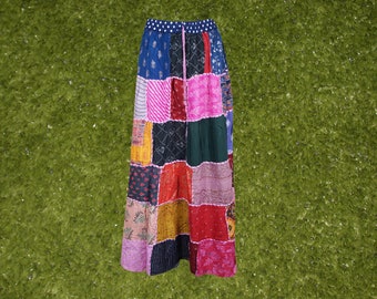 Womens Maxi Skirt, Pink Summer Skirt, Gujarati Patchwork Handmade Vintage Boho Chic Long Skirts S/M/L