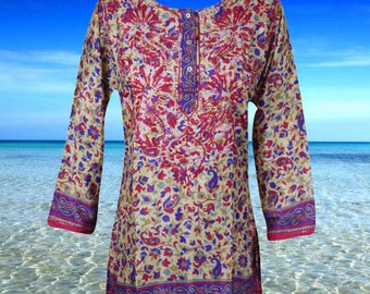 Womens Tunic Top, Handmade Blue Pink Floral Printed Silk Tunic Dress, Embroidered Top, Gift, Blouse Indian Kurta S
