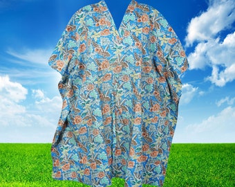 Womens Cotton Short Kaftan, Blue Floral Print Short Beach Cover up Caftan Dress ,Resort wear, Handmade, Fall Boho Travel Kimono S/M