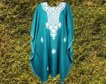 Women Teal Blue Embroidered Kaftan, Bohemian Midi Caftan Dress, Handmade Summer Casual Dresses L-4XL