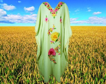 Women's Kaftan Maxi Dress, Mint Green Boho Maxi Dress, Beach holidays, Lounger, Cotton Embroidered Caftans, Oversize L-2XL One Size