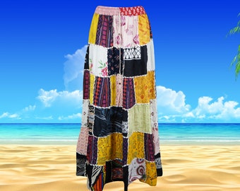 Womens Boho Patchwork Skirt, Yellow Black Maxi Patchwork Skirts, Hippie Skirt, festival, Gypsy Skirt, Elastic Waist Long Boho Skirt S/M/L