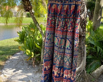 Womens Maxi Skirt, Flared Skirts, Blue Colorful Animal Print Bohemian Summer Skirt, Cotton Long Fall Skirts S/M