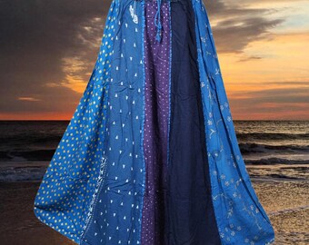 Womens Dori Maxi Skirt, Blue Patchwork Printed Hippie Long Skirts, Elastic Waist, Skirt  , Handmade, Hippe, Midi Skirts S/M/L