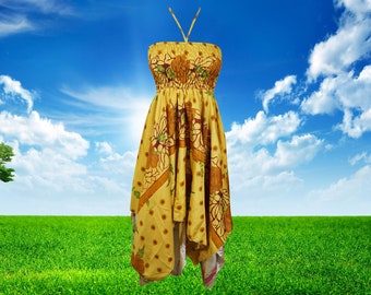 Women's Luxe Halter Dress, Yellow Bohemian Recycled Silk Summer Travel Dresses, Beach Sundress S/M
