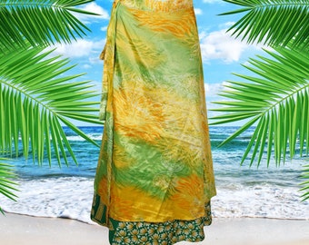 Silk Sari Wrap Skirt, Yellow Green Recycled Silk Sari Magic Wrap Skirt, Wrap Around Sarong Skirt, Wrap Skirt For Women's, Free Size
