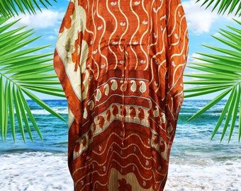 Boho Maxi Kaftan, Orange ,Beige Floral Caftan, Palm Fonds Kaftan, Housedress, Beach Coverup, Summer Boho Caftan, Resort, Cruise Caftan L-2X