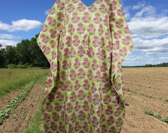 Womens Summer Midi Kaftan Dress, Green Pink Floral Printed Cotton Resort Dress, Boho Beach, Cover up, Handmade, Stylish Caftan S/M/L