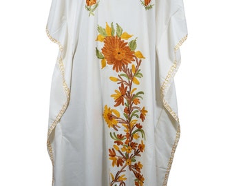 Women's Travel Caftan Maxi Dress, Boho Maxidress, Snow White Kaftan Dresses, Floral Embroidered Cruise Boho Beach Dress L-2XL One Size