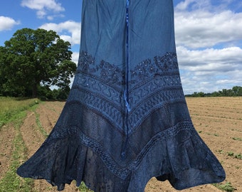 Blue High Low Flowy Skirt, Embroidered Bohemian Maxi  Western, Painted Hippie Maxi Skirt, Elastic Waist Skirt, Ren Faire Clothing S/M/L