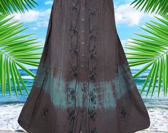 Tie Dyed Long Skirt, Front Button Down Dark Gray Blue Embroidered Ren Faire Maxi Skirts , Elastic Waist Skirt, Ren Faire Clothing S/M/L