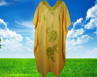 Womens Kaftan Maxidress, Embroidered Caftan Dress, Tuscany Yellow Travel Maxi Dresses, Loose Flowy Dressy Caftan Dress One Size L-2XL