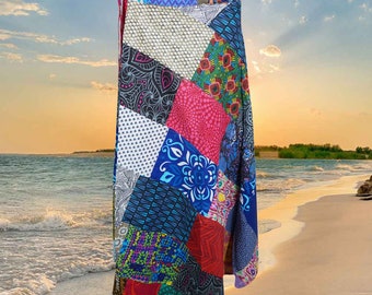 Womens Cotton Wrap Skirt, Patchwork Blue Red Print Beach Bikini Cover Up Resort Wear Sarong Summer Fashion Ethnic Wrap Around Skirts