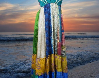 Womens FASHION DIVA Silk Maxi Dress, Blue Beach Maxi Dress, Flowy Dresses, Recycle Silk Handmade Dresses S/M