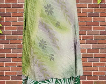 Womens Midi Wrap Skirt, Vintage Sari Skirt, Beach Wear Reversible 2 Layer Skirts, Green Floral Printed Summer Wrap Skirts One Size